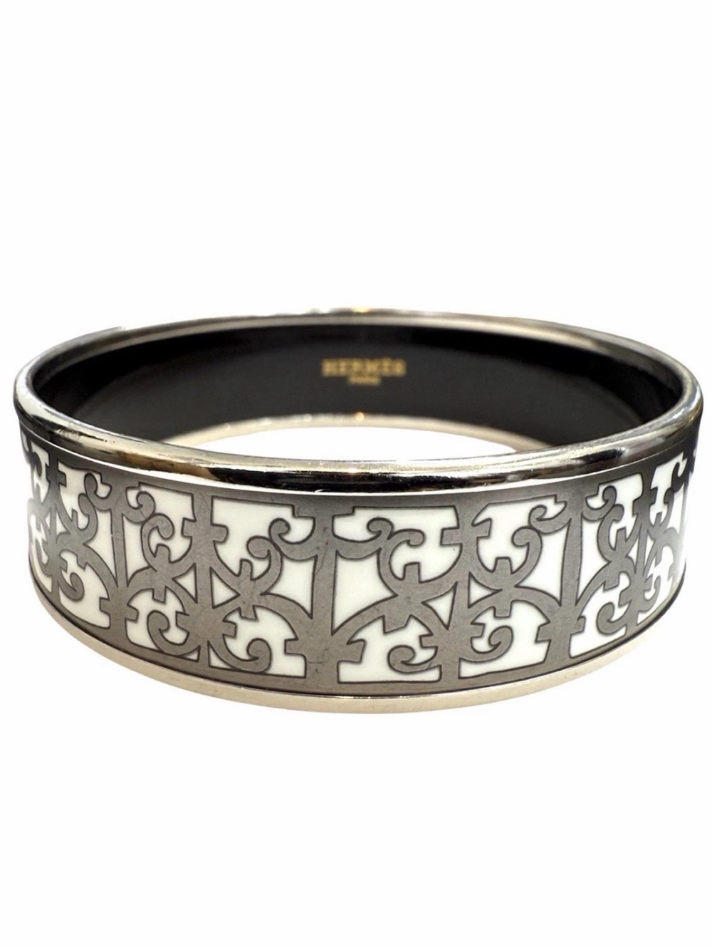 Hermes Balcons du Guadalquivir Cloisonne Wide White Printed Enamel Bangle